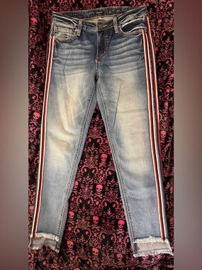 Miss Me Light Wash Skinny Jeans with Red, White, Blue Side Stripes